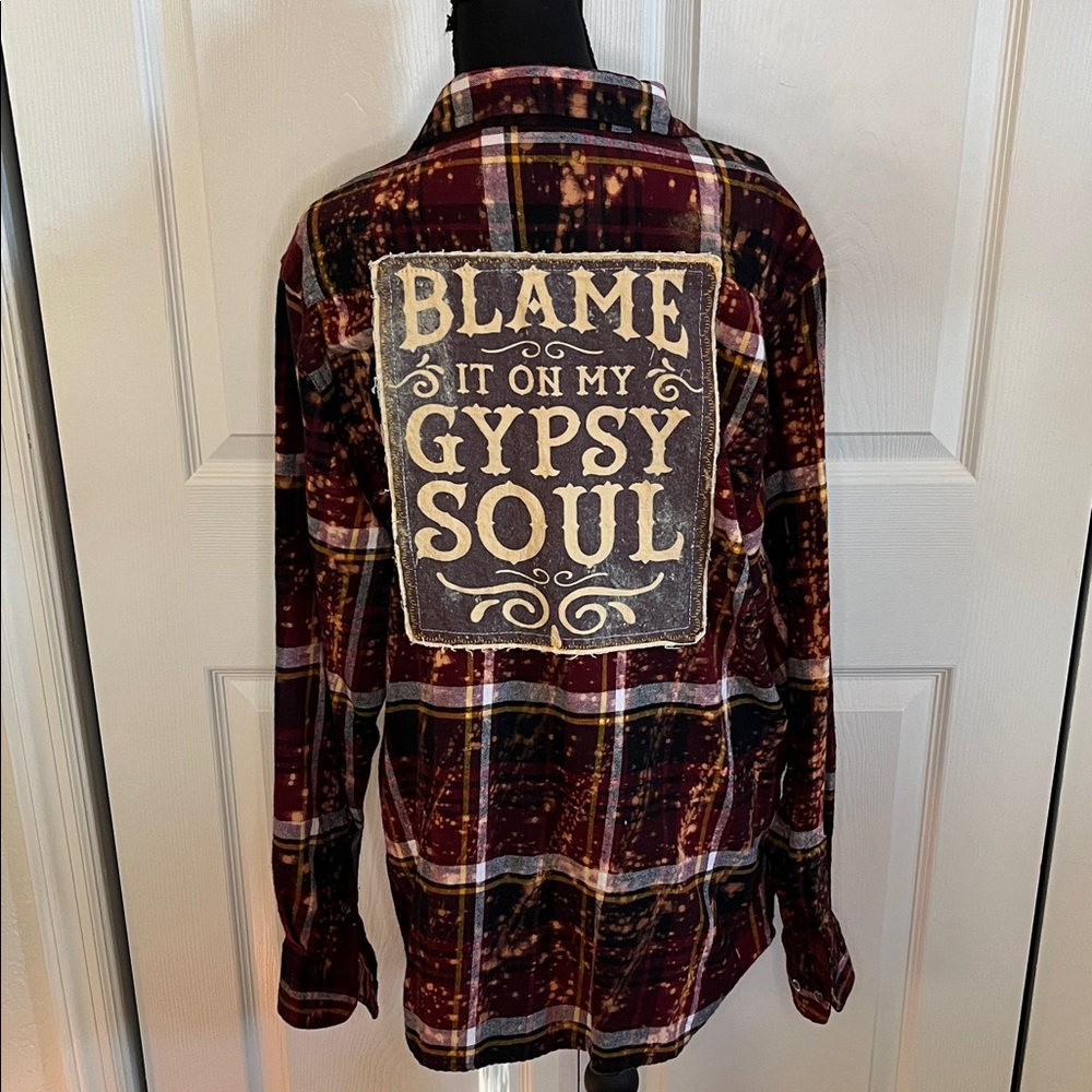 Angry Minnow Blame It On My Gypsy Soul Distressed Burgundy Flannel Shirt L